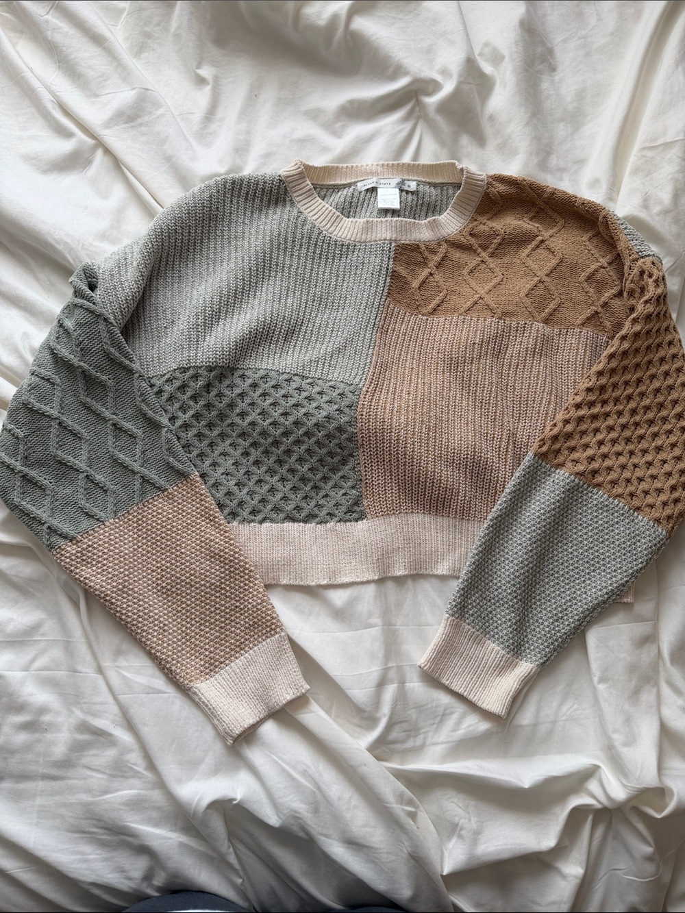 Altar'd State Neutral Patchwork Crewneck Sweater - Sage, Beige & Camel